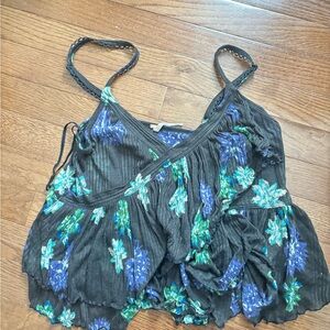 Free People Black Floral V-Neck Women's Tank Top